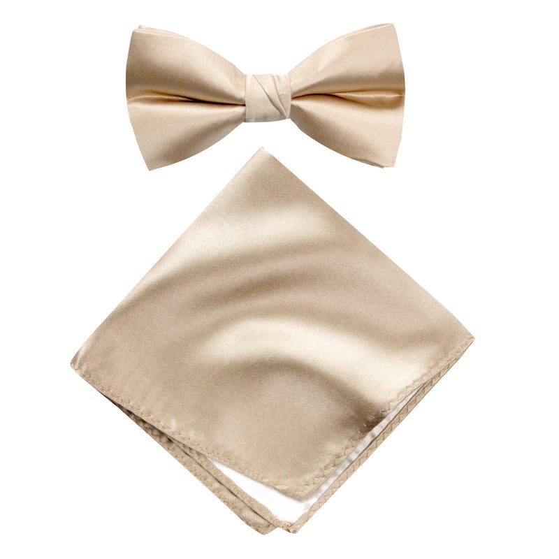 Spring Notion Men's Solid Color Satin Microfiber Bow Tie and Hankerchief Set Champagne - Image 1